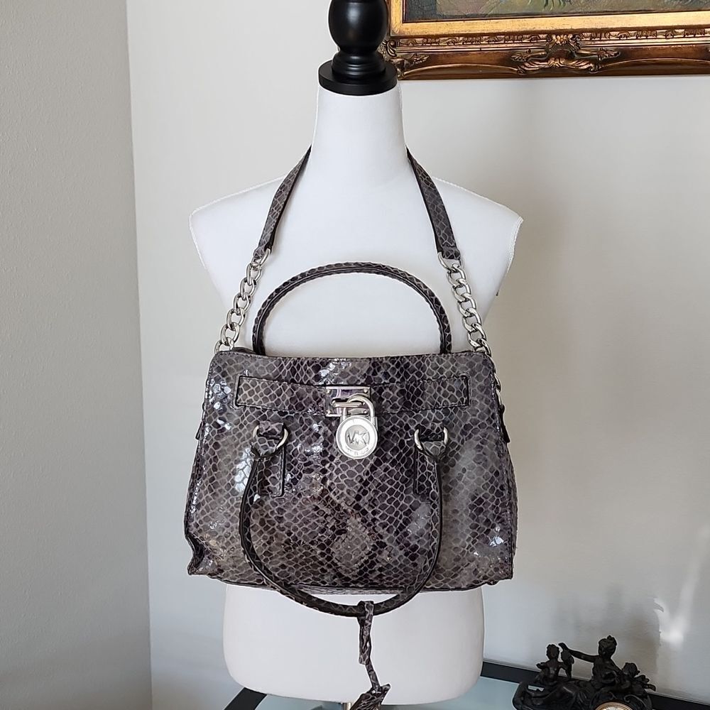 MICHAEL KORS Hamilton Dark Grey Python Snakeskin Prints Small Satchel Bag